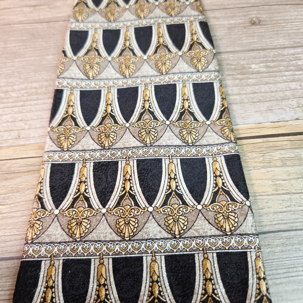 Pierre Cardin Silk Tie Mens Black Gold Silver Geometric Baroque Ornate Formal - Picture 2 of 6